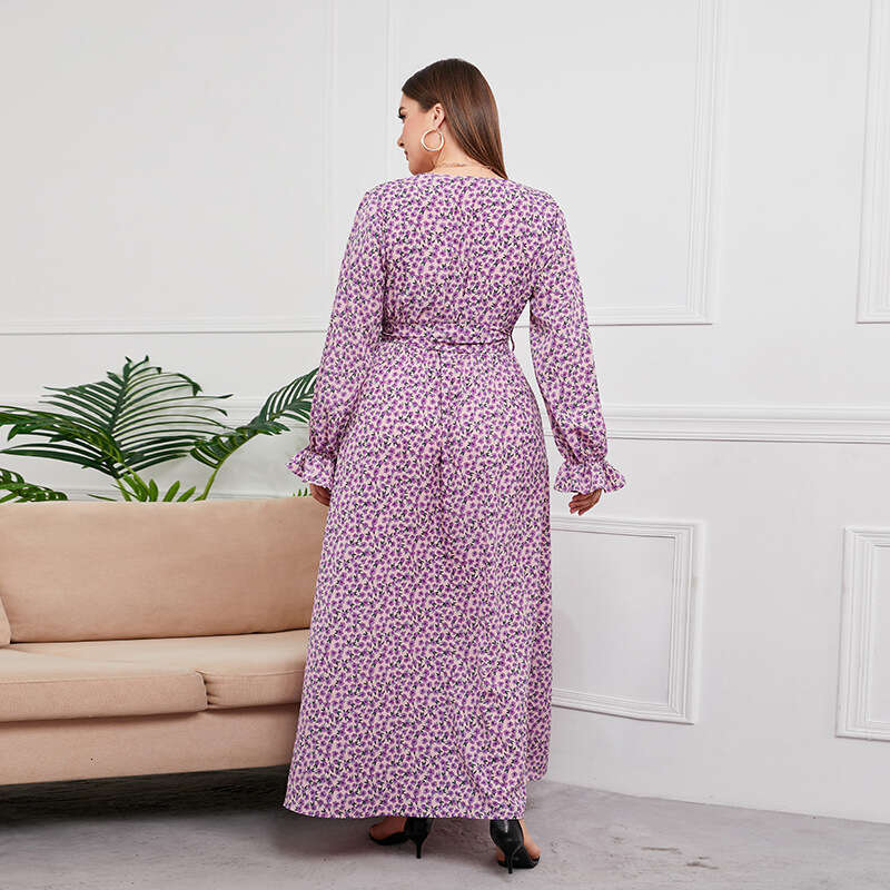 Large Size Chubby Mm Chiffon Dress with Floral Hem V-neck and Long Sleeves Weighing 200 Pounds Can Be Worn Fishtail Dress Loose Sexy Denim Dress