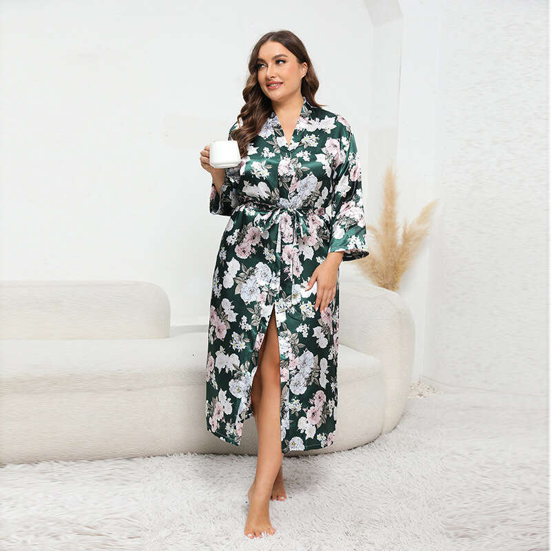 Hot selling oversized colored Ding pamas for women imitation silk printed long sleeved home clothing cardigan can be worn externally
