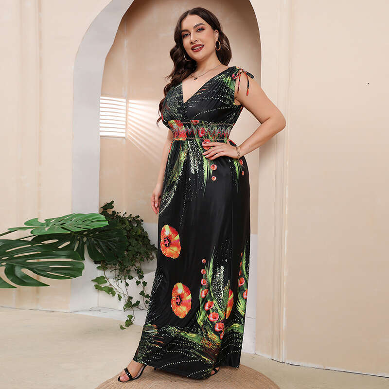 Hot Selling Chubby Mm Oversized Ice Silk Printed Bohemian Fat Plus Size V-neck Long Dress Sexy Dress Novelty Loose Waist Silk Dress Denim Dress