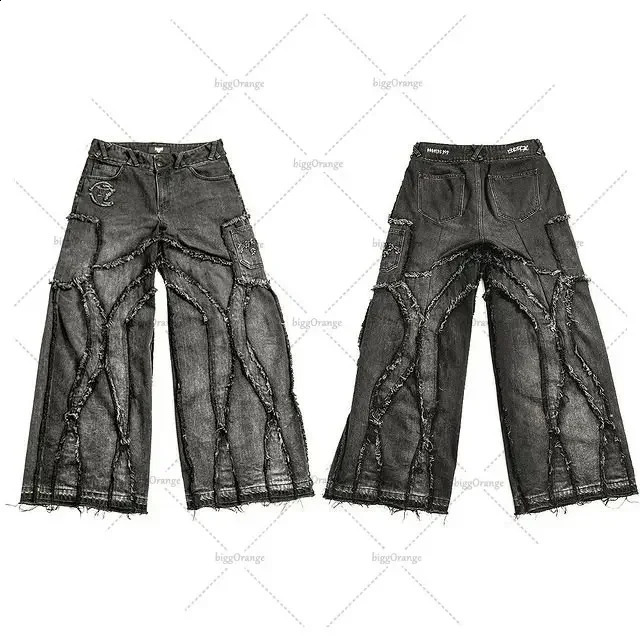 Y2K Destroyed Stitching Jeans Mens Black Laundry Gothic Style Trend Clothing Retro Loose Wide Leg Pants Fall Guys 240809