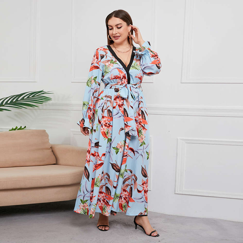 Hot Selling Spring and Autumn New Plus Size Temperament Waist Cinching Long Skirt V-neck Plant Flower Print Short Novelty Loose SKINNY DRESS Lace Dres