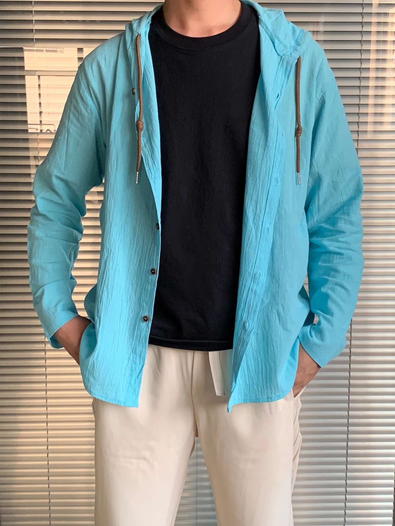 Mens lightweight linen beach shirt with hood short sleeved hippie casual button hooded Henry 240808
