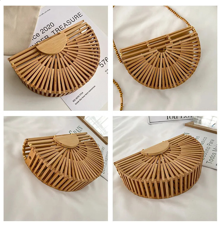 Fashionable Half Moon Wooden Shoulder Cross Bag for Women Bamboo Summer Beach Straw Rattan Small Mobile Wallet Mini Sac 240731Zl