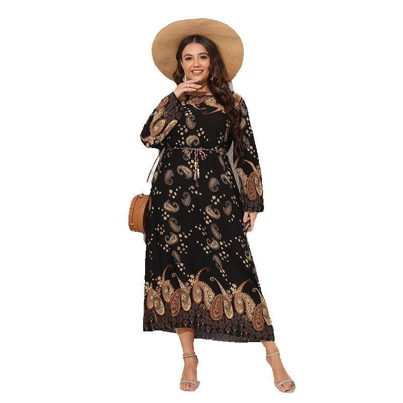 Hot Selling Large Size Sleeved in the United States Womens Spring Autumn Cashew Print Loose and Slimming Long Dresses Novelty Silk Dress Round Neck Dr