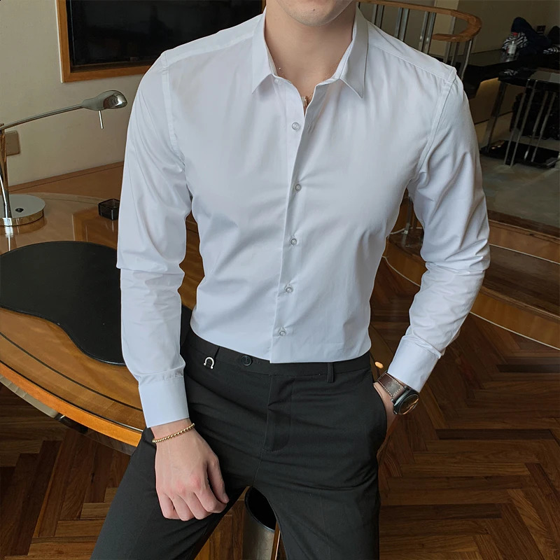 7 Colors Mens Business Fashion Solid Color Long Sleeve Shirt Classic Style Cotton Casual White Slim Fit Shirt Office Clothes 250224