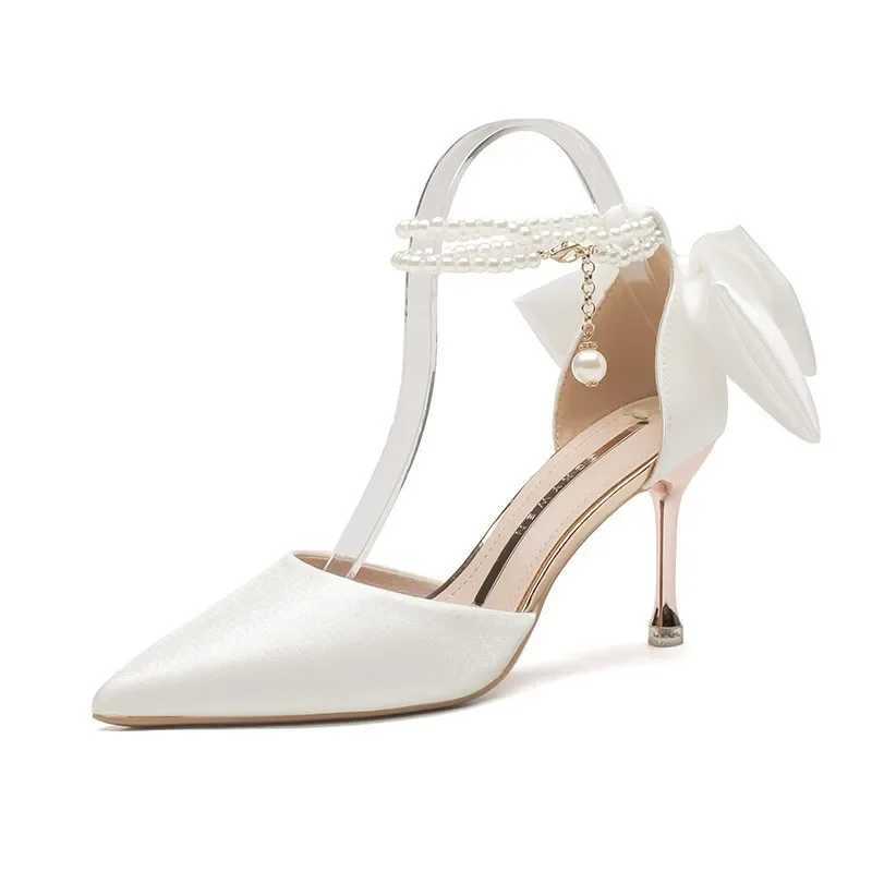 High Quality New womens slim high-heeled hollow sandals womens pearl butterfly horn toe high-heeled shoes womens wedding shoes T241024