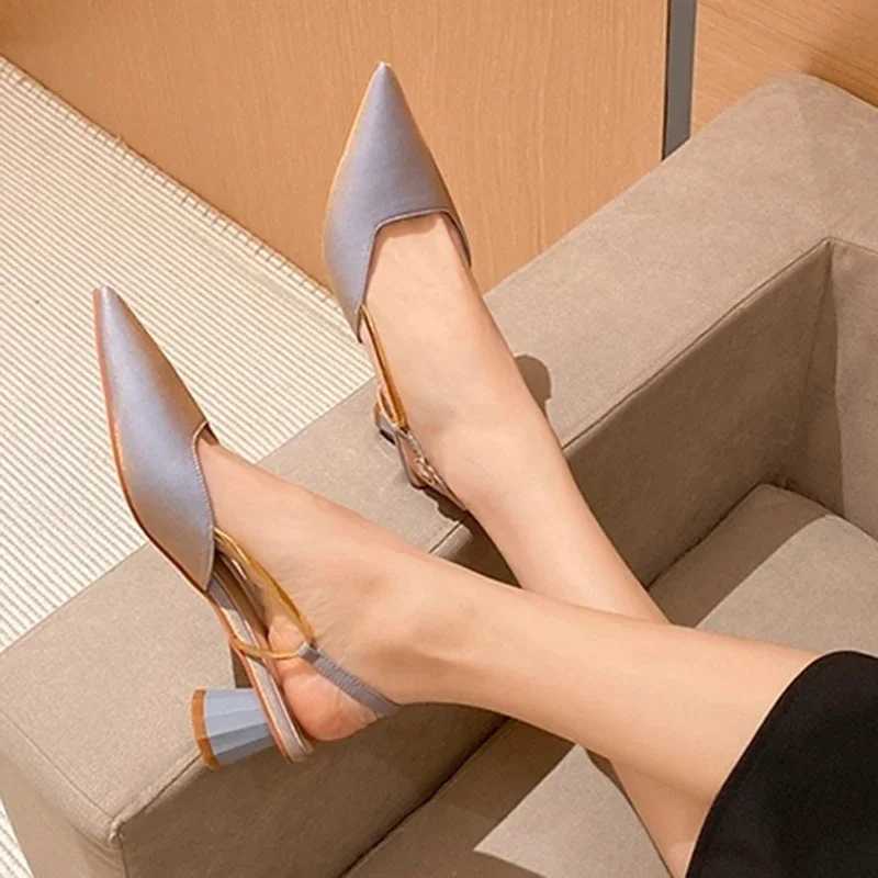 High Quality Summer Pointed Sole Silk Pump Womens Strap Buckle Thick Sole Sandals Womens Shallow Mouth Party Shoes T241024