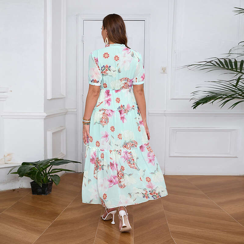 Hot Selling French Socialite Plus Size Dress with Ruffled Edges Tencel Chiffon Large Swing Long Skirt Weighing 200 Pounds Can Be Worn Short Oversize D