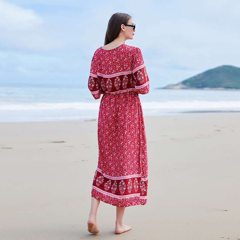 Bohemian Style V-neck Seaside Vacation Womens Large Floral Breasted Dress Slit Long Skirt at the Hem Waist Bifurcated BOHO DRESS Oversize Dress