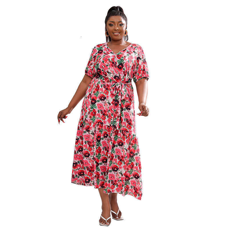 Hot Selling Oversized Loose Floral Dress for Women with V-neck Waist Up Slim and Long Skirt Seaside Vacation Beach Skirt Temperament Round Neck Dress