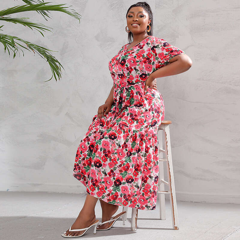 Hot Selling Oversized Loose Floral Dress for Women with V-neck Waist Up Slim and Long Skirt Seaside Vacation Beach Skirt Temperament Round Neck Dress