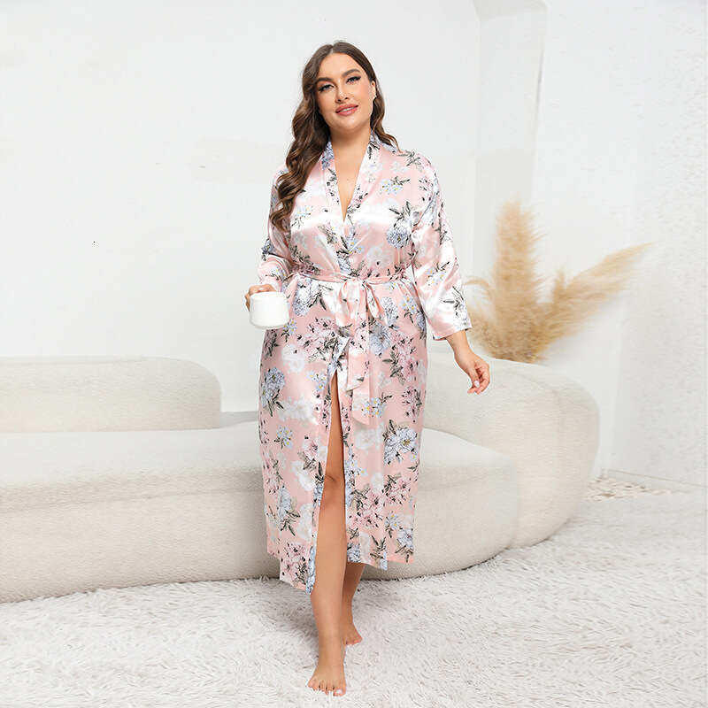 Large size imitation silk pamas for women loose fitting womens long sleeved satin bathrobe printed home clothing