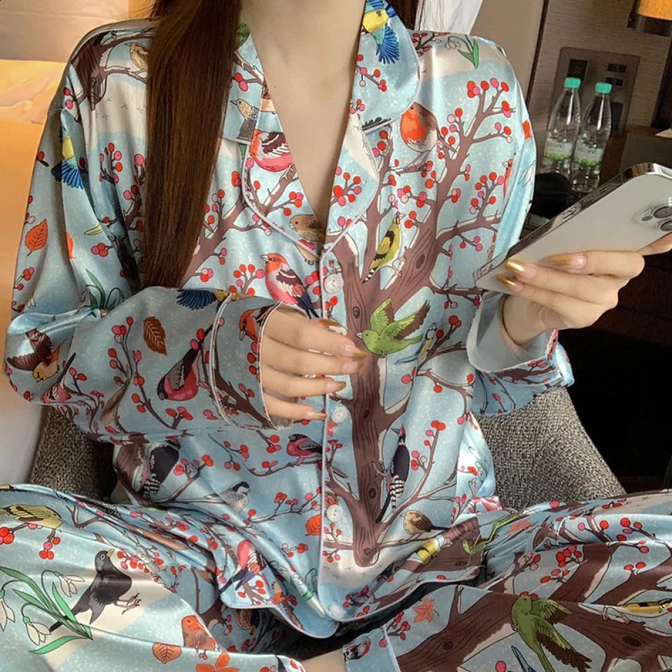 Floral Print Simulated Silk Women Sleepwear 2024 Spring Autumn China Style Ink Painting Classic Pajamas Loose Soft Lady Lounge 240726