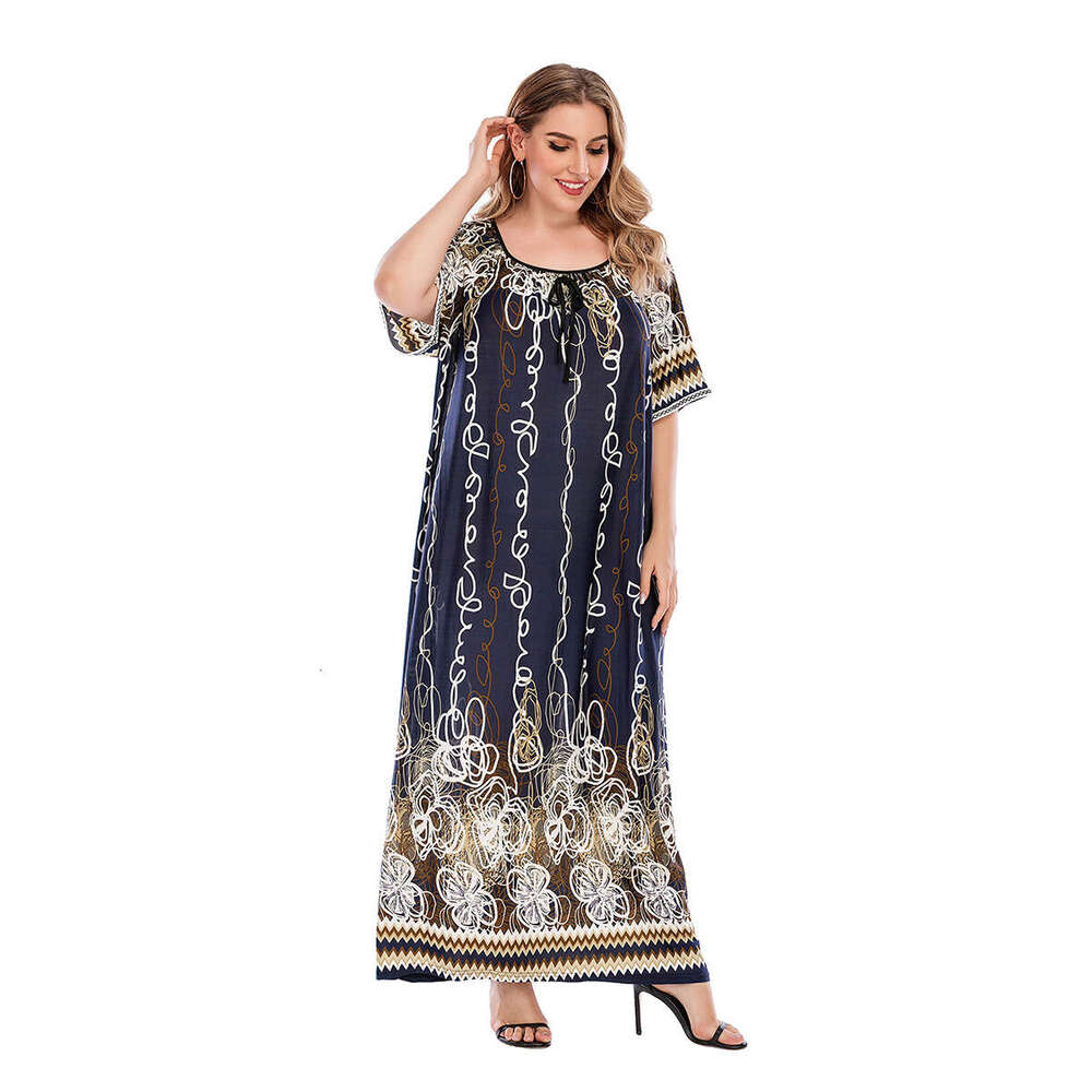 Saudi Arabias Best-selling Palace Gorgeous Navy Blue Graffiti Oversized Loose and Chubby Mm Ice Silk Dress 25 Long Summer Dress Loose Sexy Silk Dress