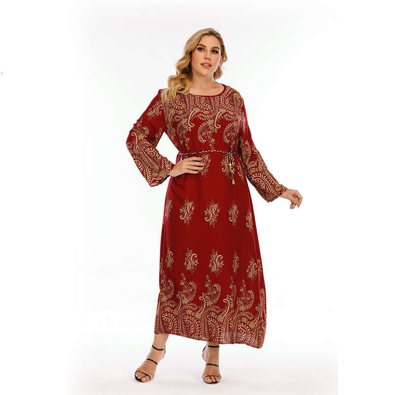 Large Size Womens New Printed Bohemian Dress Casual Sleeved Long Skirt Temperament Bifurcated Waist Self-cultivation Denim Dress