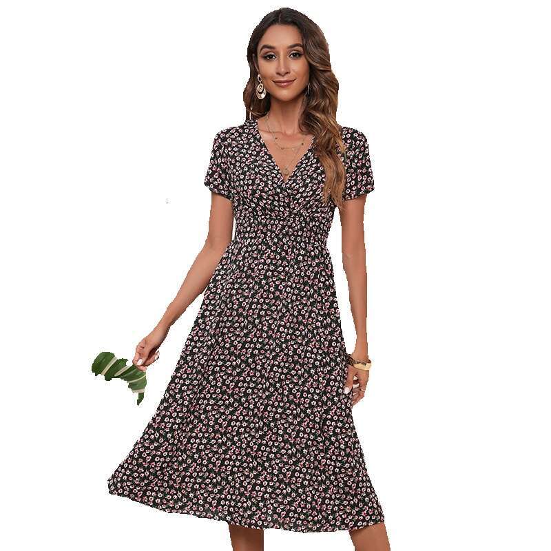 Hot Selling Mexican Summer Floral V-neck High Waisted Dress for Women Looking Slimmer with Printed Prints on Vacation Waist Bifurcated Sexy SKINNY DRE