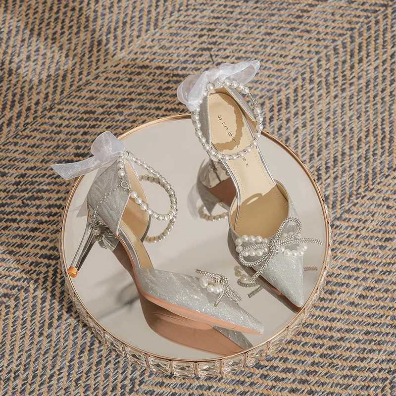 High Quality Sier Heels Bow Shoes Womens Trend Elegant High Heels Pump Pointed Toe Bling Pearl Party Womens Wedding Dance Shoes T241024