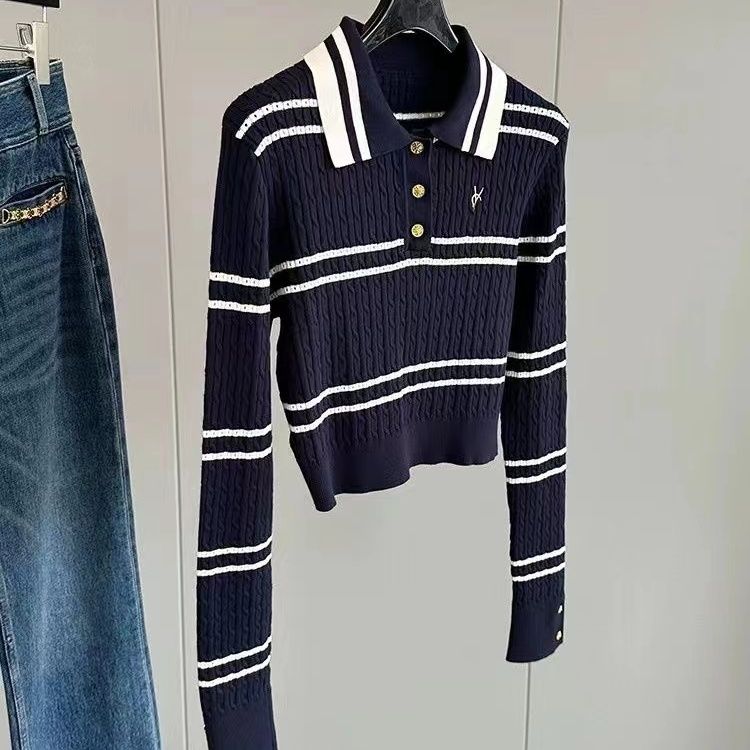 Women turn down collar color block logo letter embroidery long sleeve slim waist designer sweater tops SML