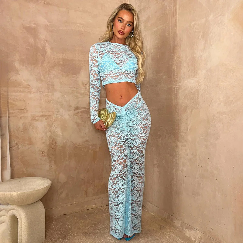 Sexy Blue Lace 2 Piece Club Outfits for Women 2024 See-Through Crop Top and Maxi Skirt Set