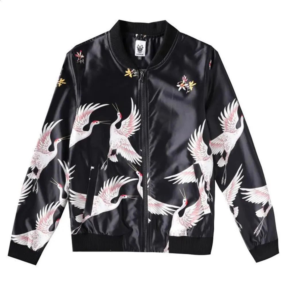 Y2K Chinese Style High Street Fashion Trend Crane Print Flight Jacket Mens Trendy Japanese Spring Autumn Baseball Uniform Jacket 240717