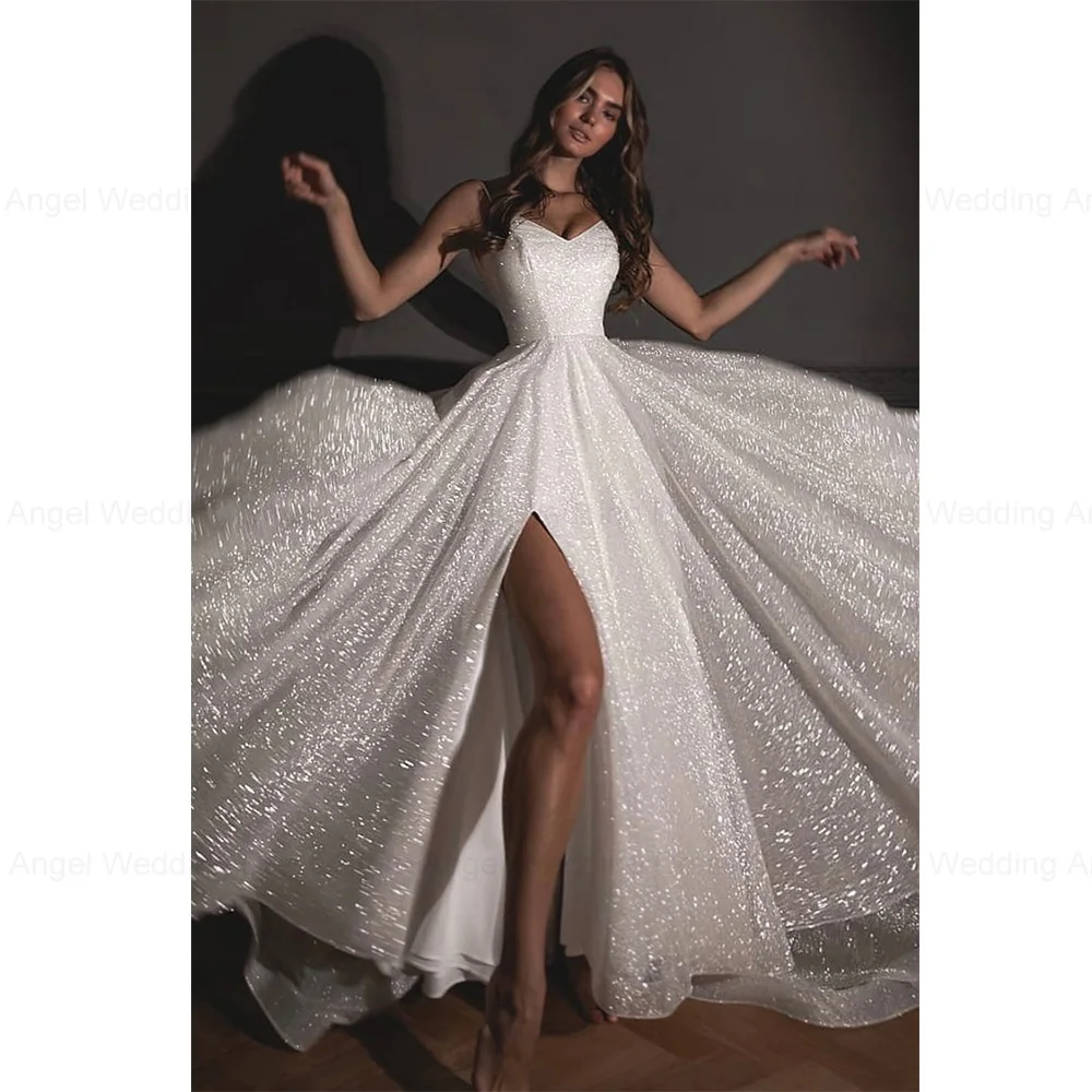 Simple A-e Women Wedding Sweetheart Neck Sleeveless Bridal Gowns Sequins Split Side Sweep Train Dress Custom Made vestidos de novia