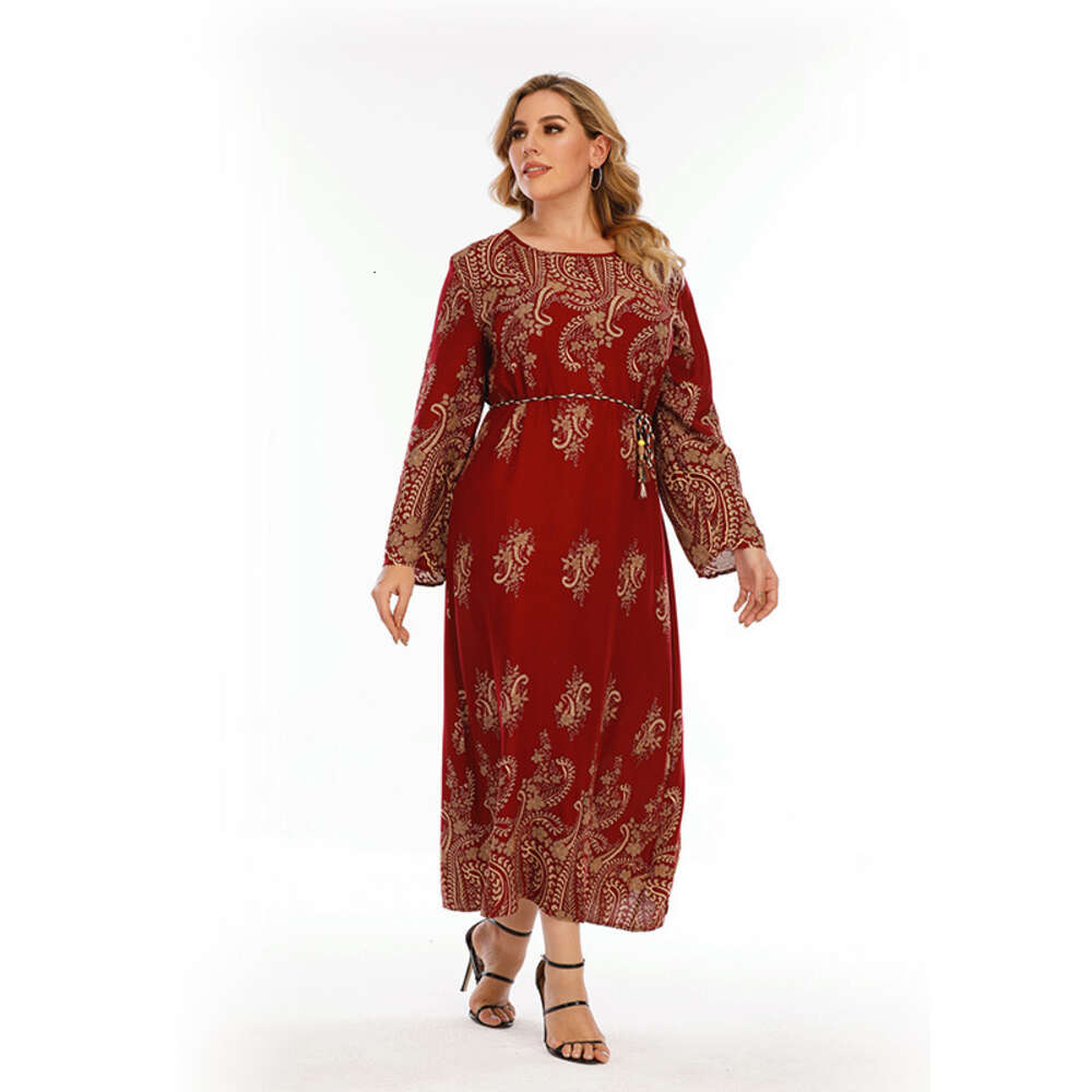 Hot Selling Large Size Sleeved in the United States Womens Spring Autumn Cashew Print Loose and Slimming Long Dresses Novelty Silk Dress Round Neck Dr