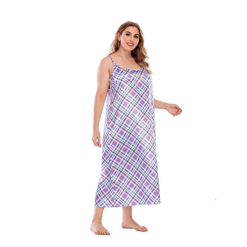 Large size home wear with imitation silk plaid sleeveless loose suspender dress weighing 200 pounds can be worn