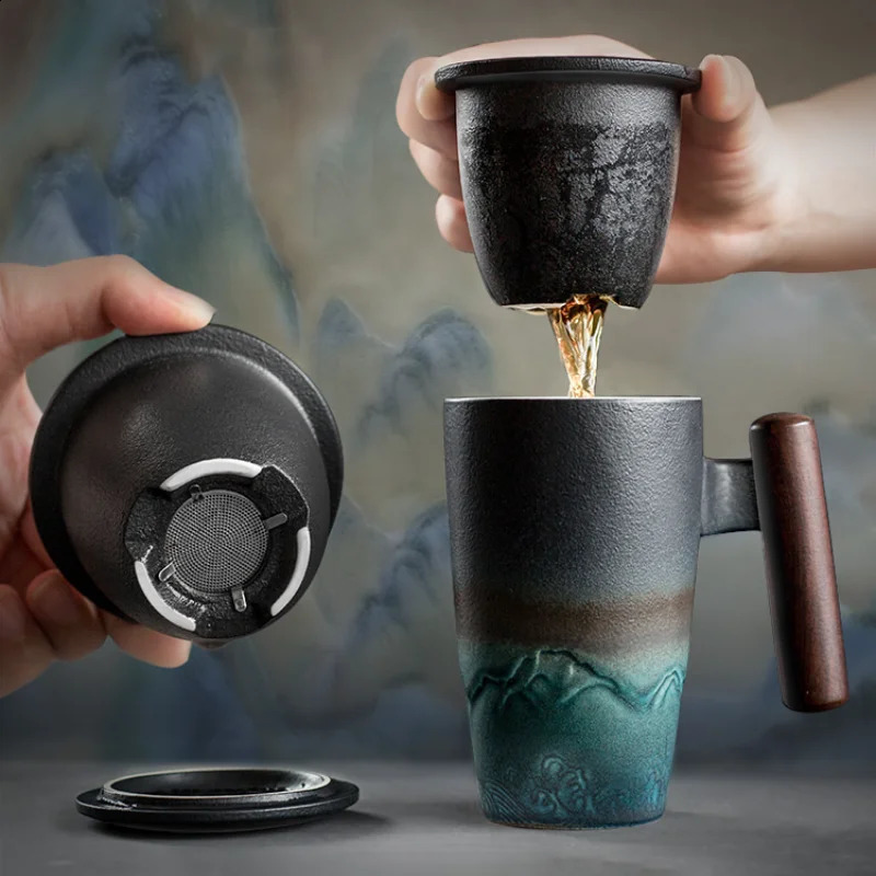 Handmade Ceramic Coffee Cup Large Ceramic Strainer Creative Retro Mug Traditional Tea Cup Pottery Mug Porcelain Tea Cup Gift Set 240712