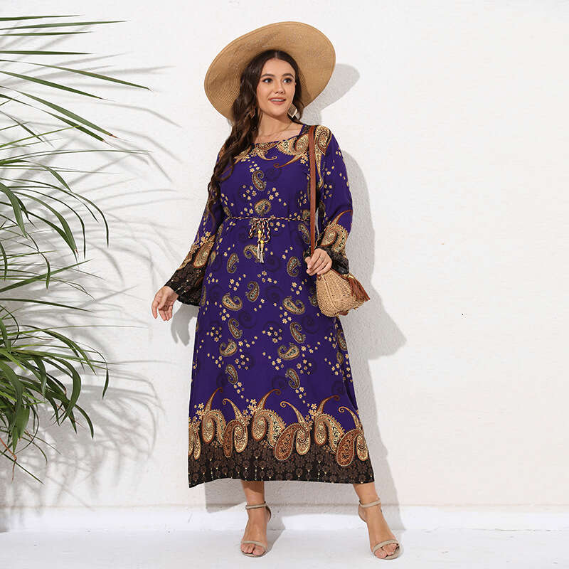 Hot Selling Oversized Loose Round Neck Printed Dress for Womens Spring and Autumn Ethnic Style Long Skirt Novelty Loose SKINNY DRESS Oversize Dress