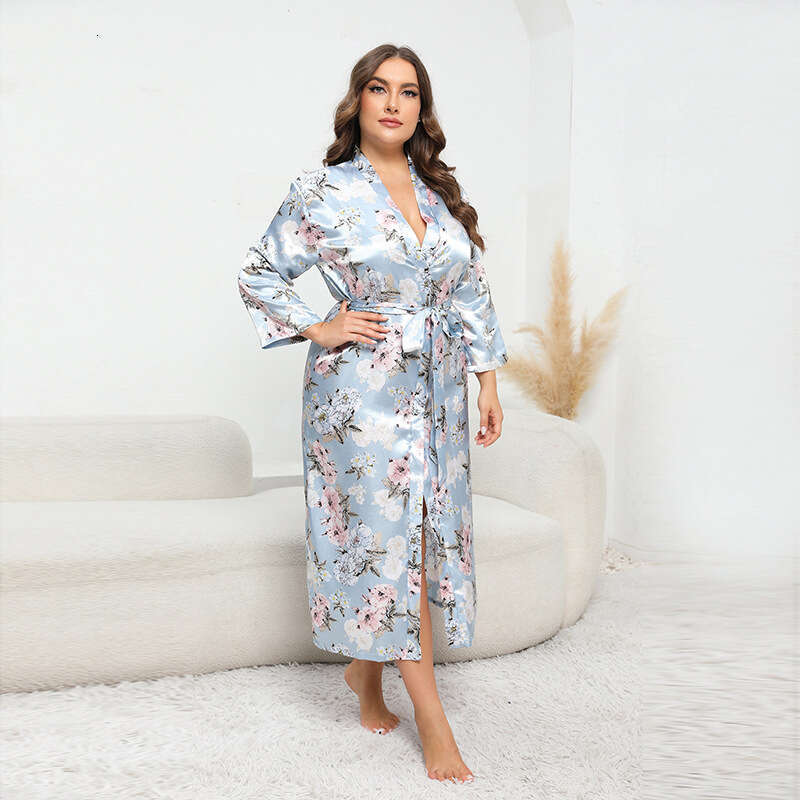 Large size imitation silk pamas for women loose fitting womens long sleeved satin bathrobe printed home clothing
