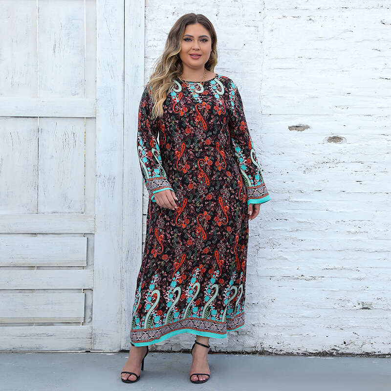 Large Size Womens New Printed Bohemian Dress Casual Sleeved Long Skirt Temperament Bifurcated Waist Self-cultivation Denim Dress