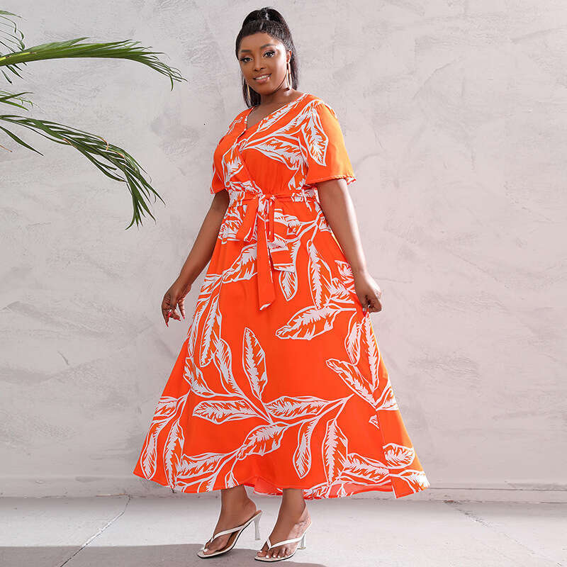 Russian American New Hot Selling Large Size Loose V-neck Dress Womens Elastic Waist Short Sleeve Printed Long Skirt Waist BOHO DRESS High Waist Dress