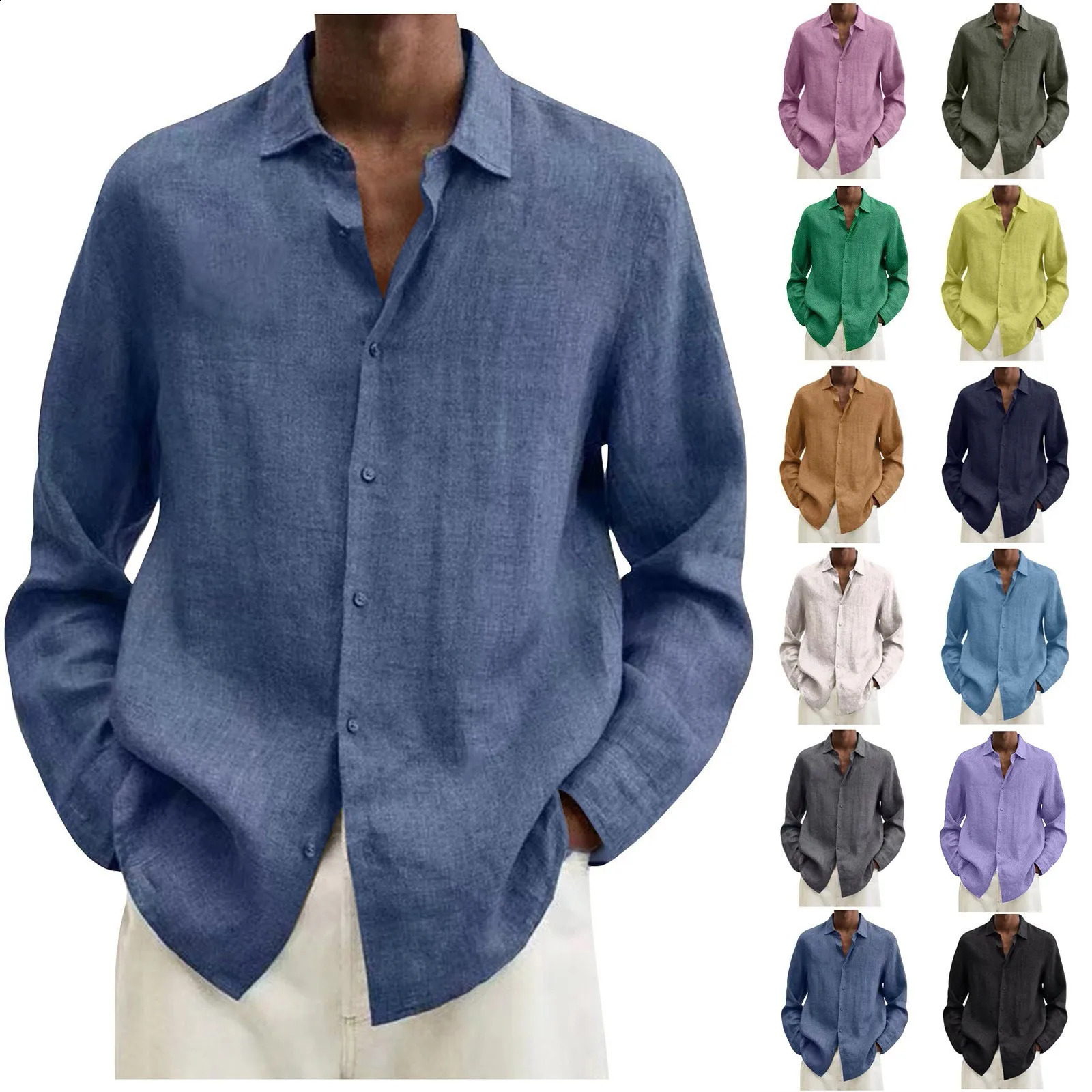 Mens Shirts Casual Cotton Linen tops Spring Summer Solid Color Long Sleeve Blouses Single Breasted Male Top clothes 240726