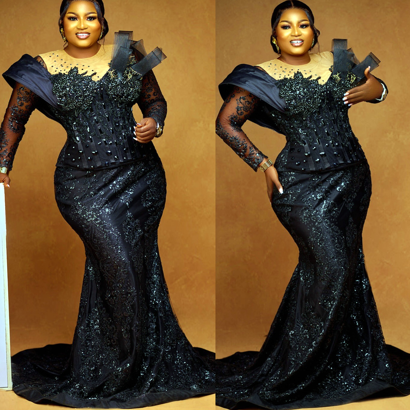 2024 Plus Size Black Mermaid Prom Dress Lacefull Promdress Beaded Crystals Evening Formal Party Second Reception Birthday Engagement Gowns Dresses