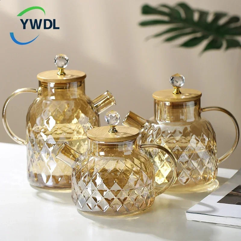 1/1.5/1.8l Glass Teapot With Bamboo Lid Amber Color Diamond Cold Kettle Heat-resisting Pot For Loose Leaf Fruit Scented Tea 240726
