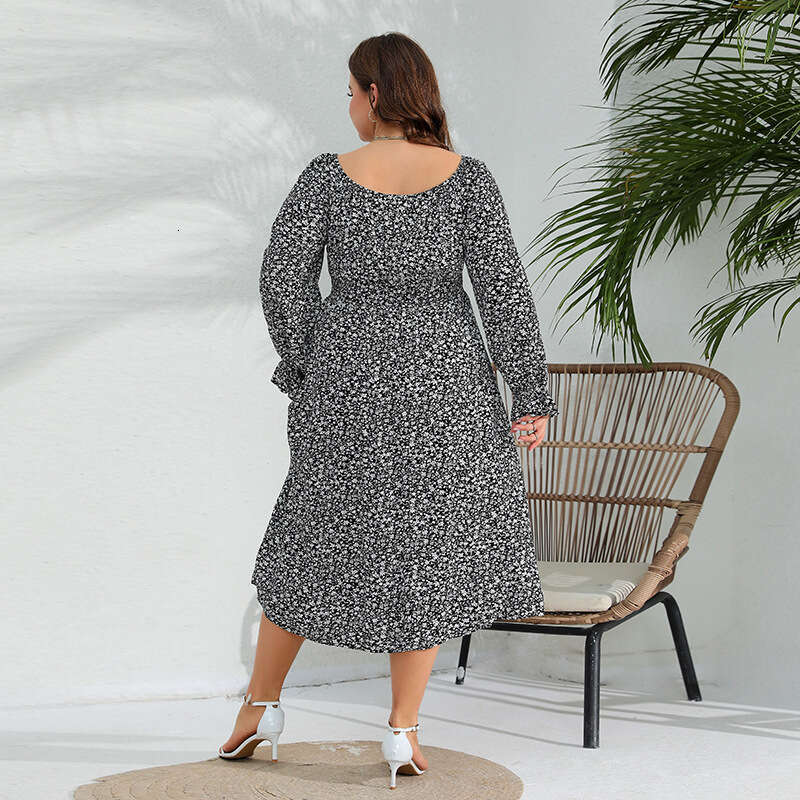 Spring New Oversized Sleeved with Floral Elastic Waist Elegant Long Dress and Lotus Leaf Sleeves Novelty Waist Self-cultivation Bifurcated BOHO DRESS