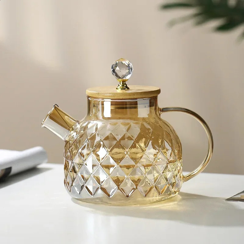 1/1.5/1.8l Glass Teapot With Bamboo Lid Amber Color Diamond Cold Kettle Heat-resisting Pot For Loose Leaf Fruit Scented Tea 240726