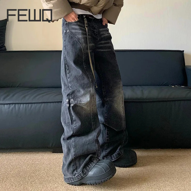 FEWQ Wash Gradient Rivet Cleaning Jeans Mens Niche Wide Leg Straight Trend 2024 Retro Fashion Men Trouser 24E1084 240726