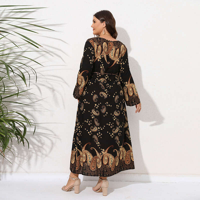 Hot Selling Large Size Sleeved in the United States Womens Spring Autumn Cashew Print Loose and Slimming Long Dresses Novelty Silk Dress Round Neck Dr