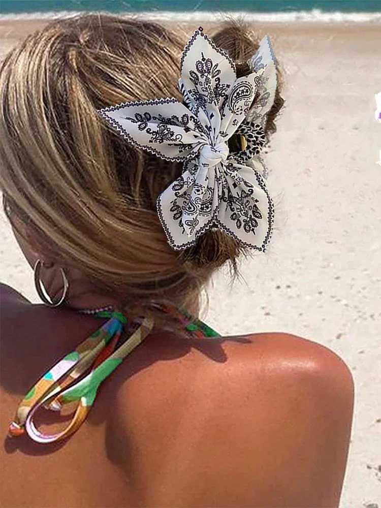 Vintage Style Bow Hair Claw Cashew Paisley Shark Clip Large Size Hair Clips Boho Vacation Headwear Women Hair AccessoriesL240727