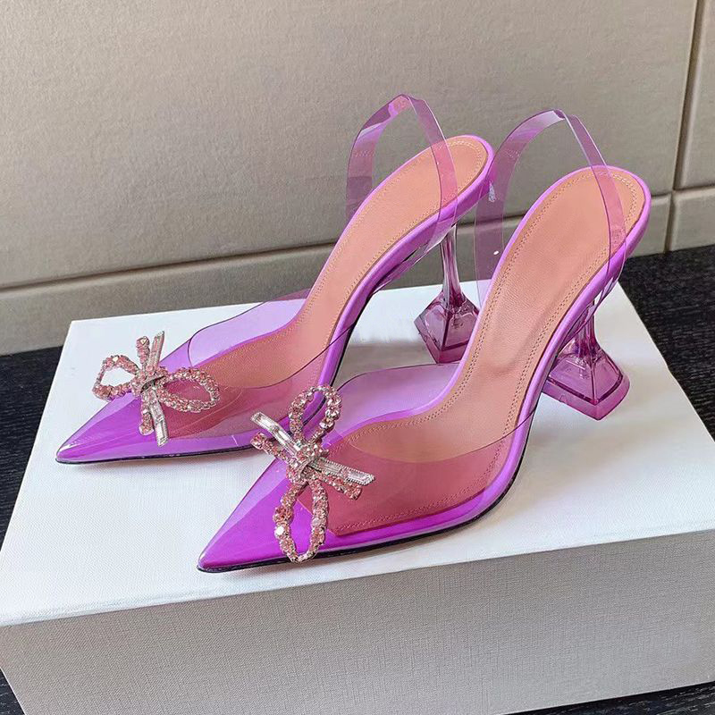 Brand Women's sandals Top Luxury Designer dress Shoes Bow Crystal diamond embellished clear PVC wine glass High Heel slippers Evening shoes With Box And Dust Bag