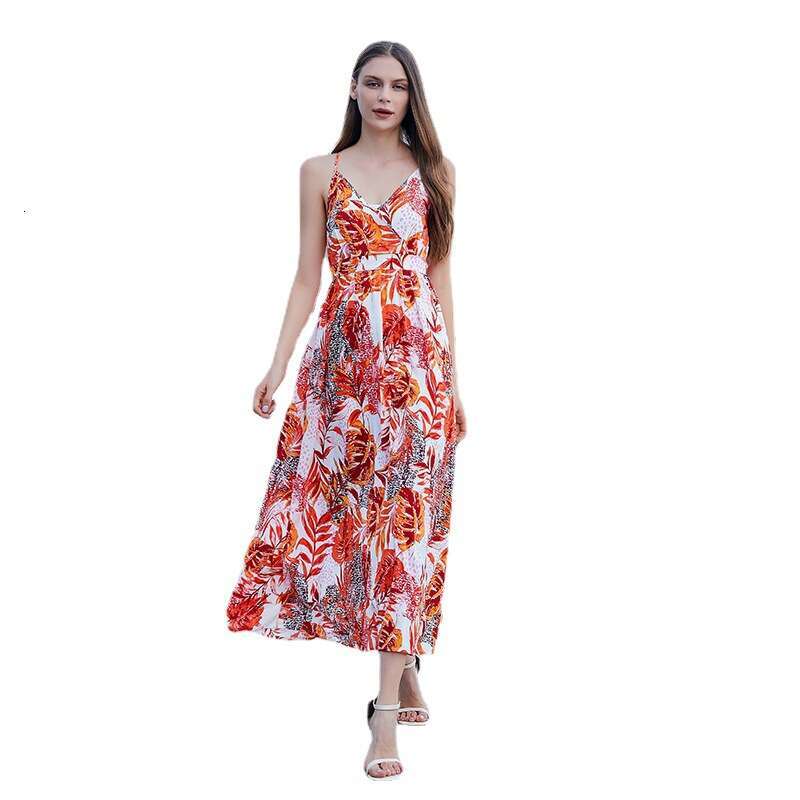 Hot Selling Latin American Camisole Backless Dress for Women with Bohemian Style Printed V-neck Slit Long Skirt Temperament Waist Oversize Dress Lace 