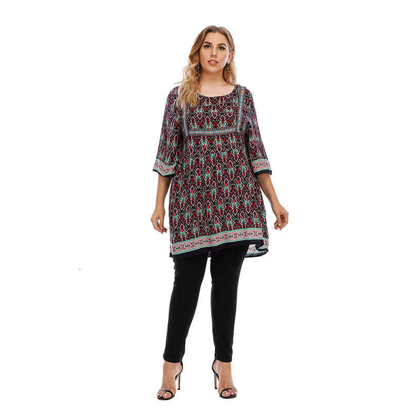 Ethnic Style Loose Oversized Top with Printed Long Pullover Round Neck Weighing 200 Pounds Can Be Worn Novelty Loose Sexy Oversize Dress Round Neck Dr