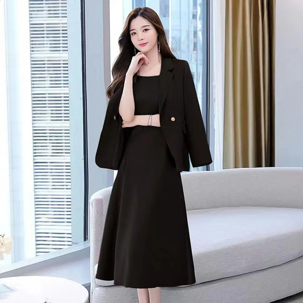 Fashion Full Sleeve Blazer 2 Piece Set Women Elegant Sleeveless Dresses For Businesss Tracksuit Ladies Dress Suit Work Suits 240727