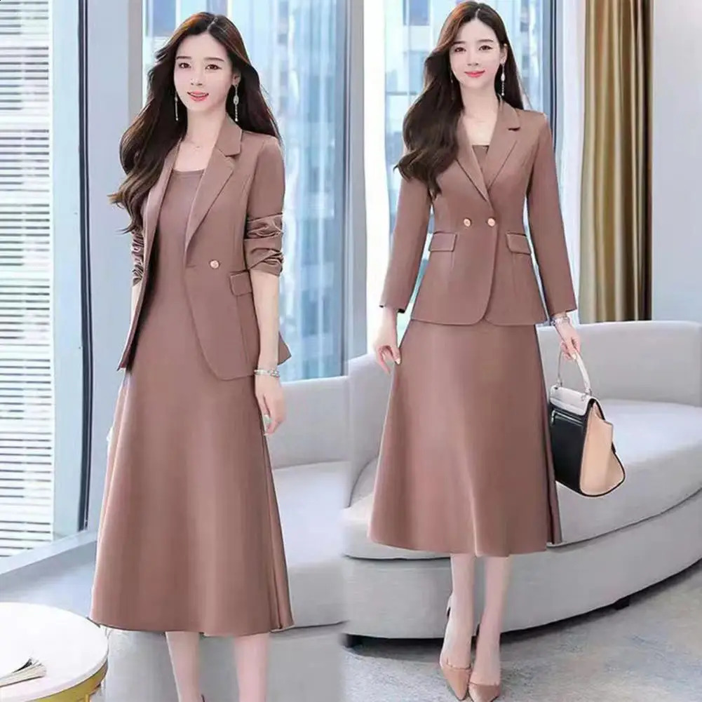 Fashion Full Sleeve Blazer 2 Piece Set Women Elegant Sleeveless Dresses For Businesss Tracksuit Ladies Dress Suit Work Suits 240727