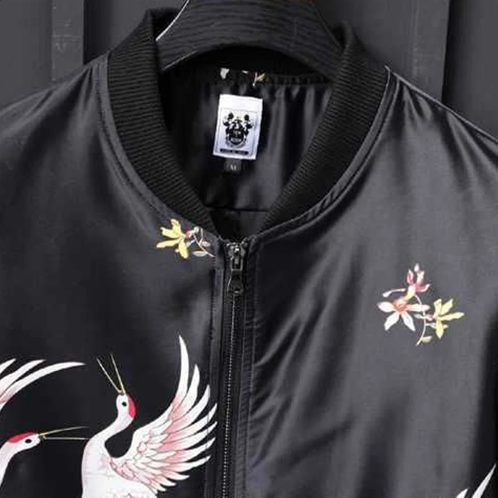 Y2K Chinese Style High Street Fashion Trend Crane Print Flight Jacket Mens Trendy Japanese Spring Autumn Baseball Uniform Jacket 240717