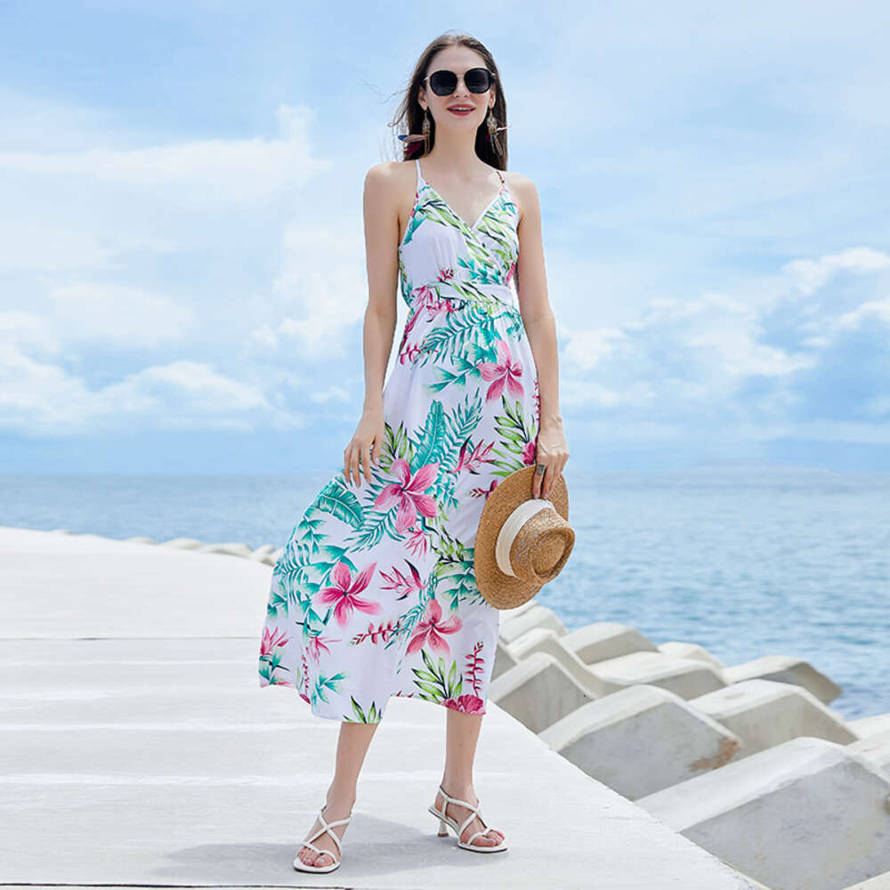 Hot Selling Brazil Fresh Backless High Waisted Long Skirt with Rural Style Print V-neck Suspender Jumpsuit Short Loose Bifurcated Silk Dress Round Nec