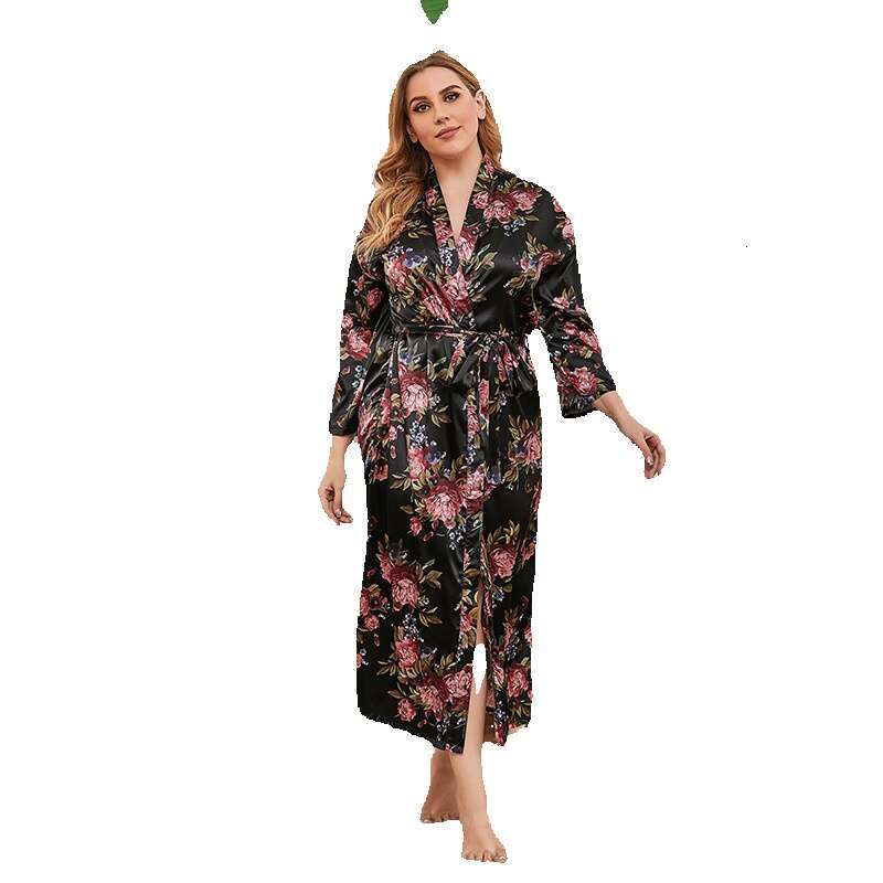 Large size Japanese style pajamas simulated silk chubby mm long sleeved womens home clothes can be worn externally for 200 pounds