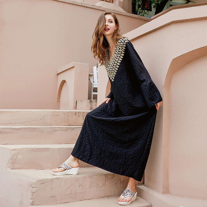 Hot Selling Spring Dress Solid Color Loose Fitting Socialite V-neck Black French Mid Length Skirt Novelty Sexy Short Bifurcated Loose Oversize Dress