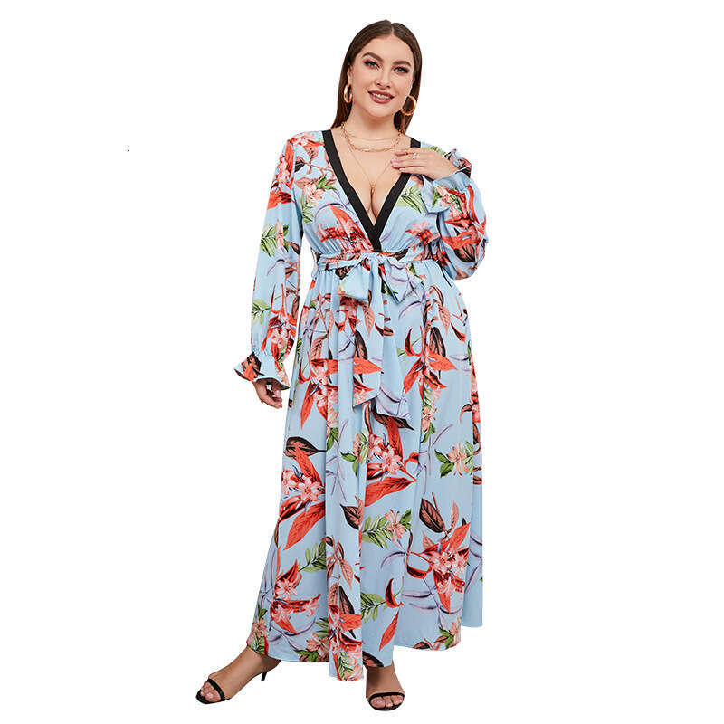 Hot Selling Spring and Autumn New Plus Size Temperament Waist Cinching Long Skirt V-neck Plant Flower Print Short Novelty Loose SKINNY DRESS Lace Dres